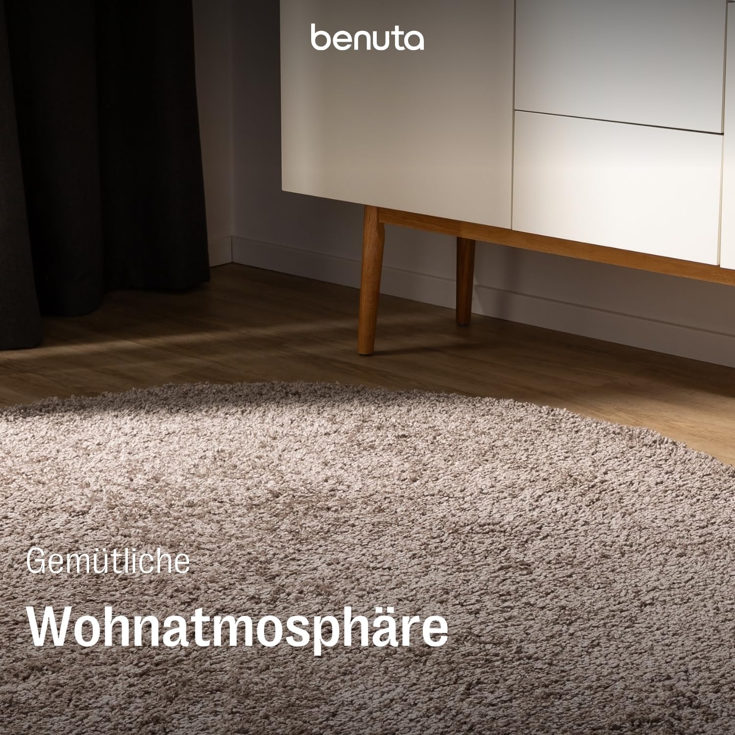 benuta Basic Hochflorteppich Soho - Taupe ø 120 cm rund - Kuschelig Weicher Teppich im Minimalistischen Look - Pflegeleicht - Fußbodenheizung Geeignet