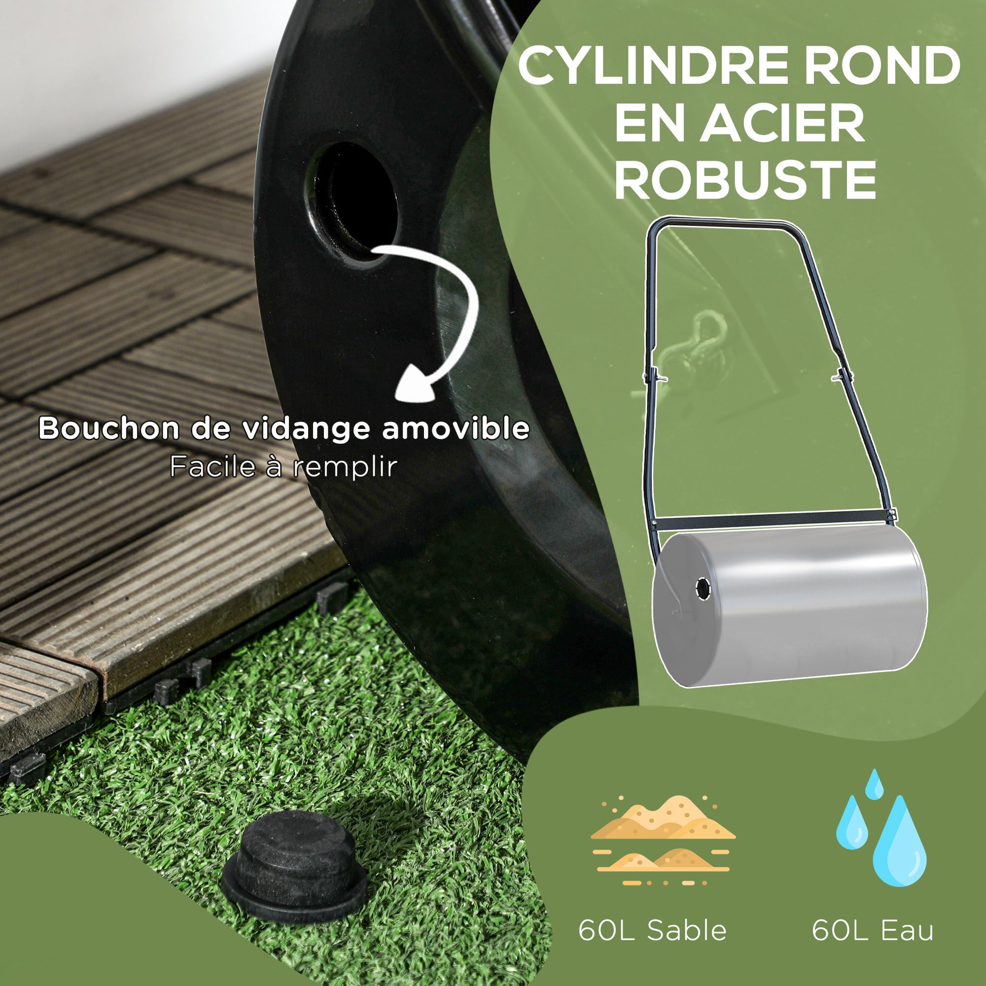 DURHAND Rouleau à Gazon, Rouleau de Jardin 50 cm, remplissable avec 38 L d'eau ou de Sable, poignée Ergonomique, Outil de Jardinage pour pelouse, Patio et Parc, Noir