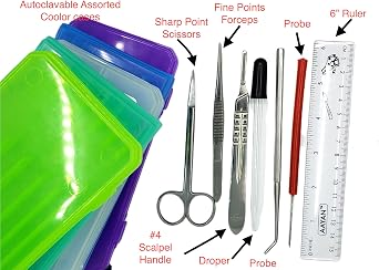 Precision Plus Dissection Kit - 24-Piece Biology Kit - 9 Stainless Steel Instruments - Extra Blades & T-Pins - Biology Students & Faculty Assorted Color Cases