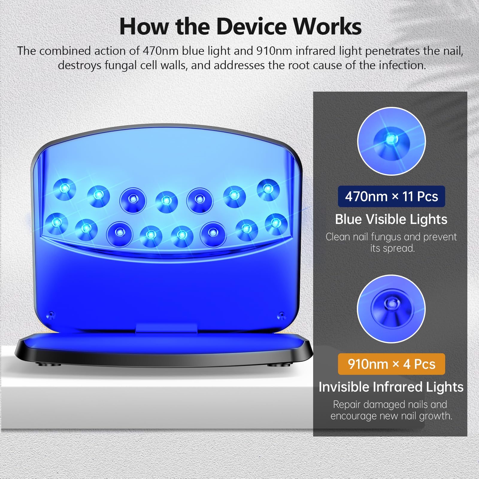 Upgrade Dispositivo láser para hongos en las uñas, 15 LED portátil y recargable mediante USB-C, 11 luz azul + 4 infrarrojos, pantalla táctil, temporizador de 5/10/15/20 minutos-Negro