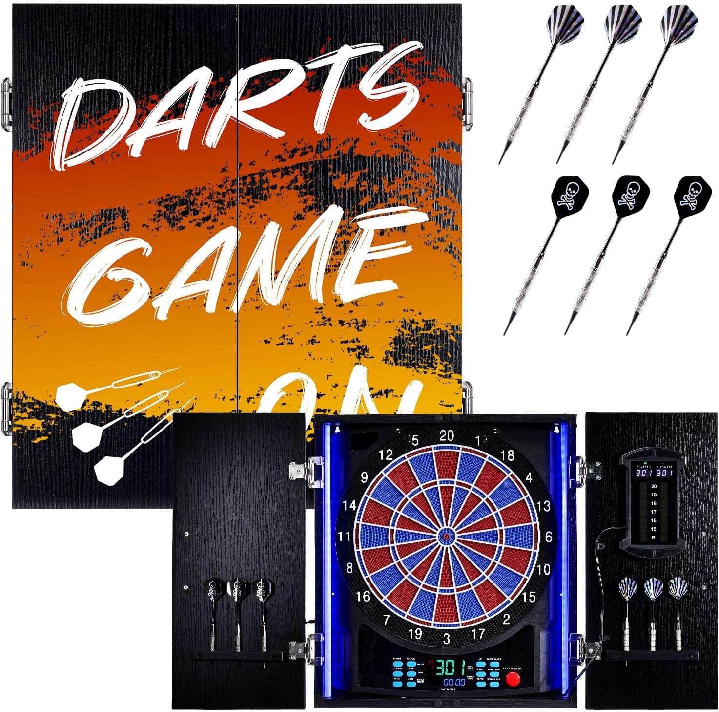 Electronic Dart Board, Electric Dartboard Cabinet Set for Adults [6 Soft Tip Darts] Individual Light Color for Each Player, Wooden Dartboard Cabinet for Family Game