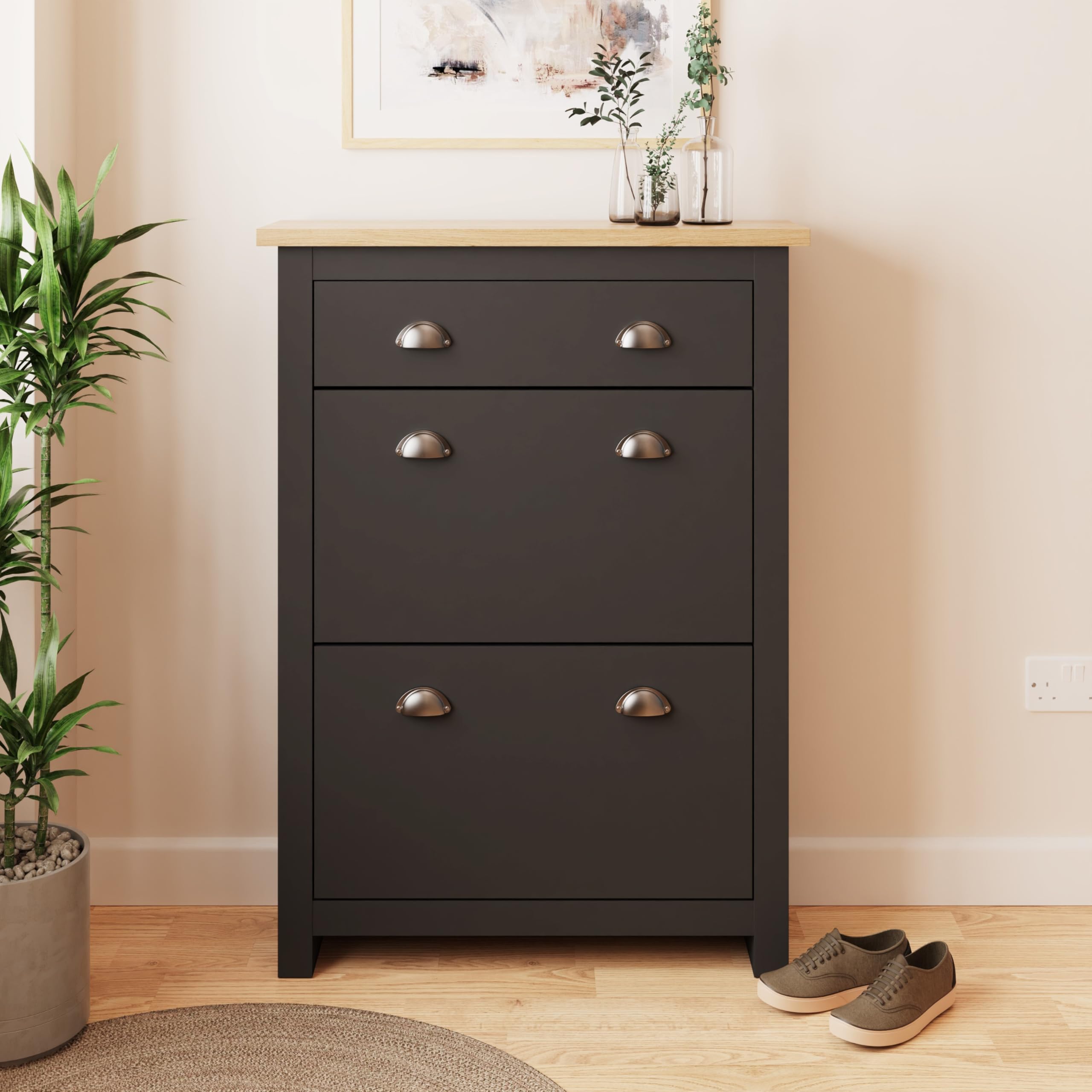 GFW Lancaster 2 Door 1 Drawer Shoe Cabinet - Oak - Black