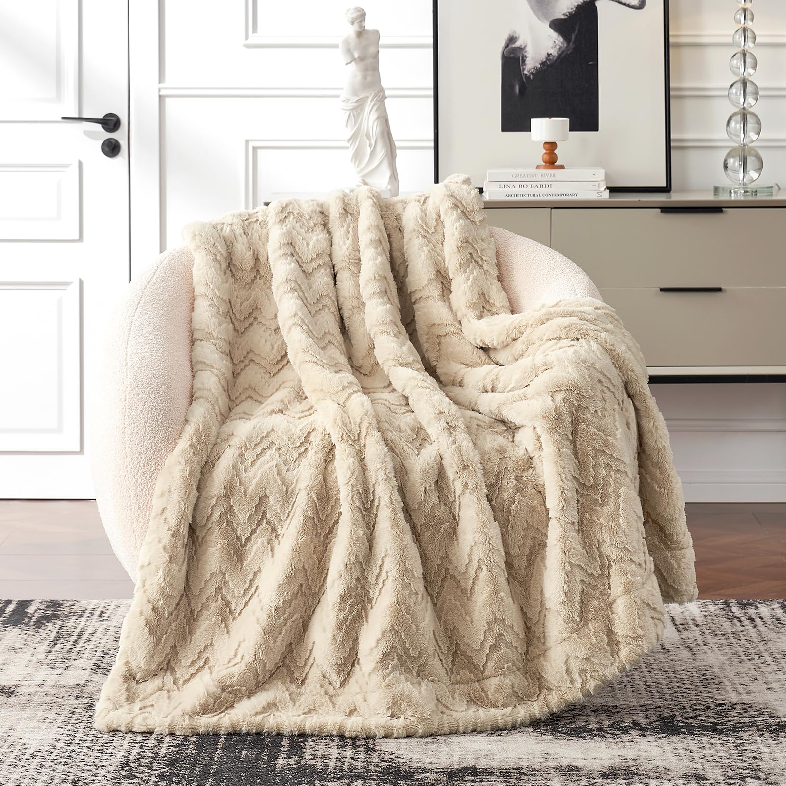 Cozy Bliss Faux Fur Textured Throw Blanket for Couch Super Soft Fuzzy Bed Blanket Gift for Women Premium 3D Ribbed Jacquard All Season Use Khaki Beige