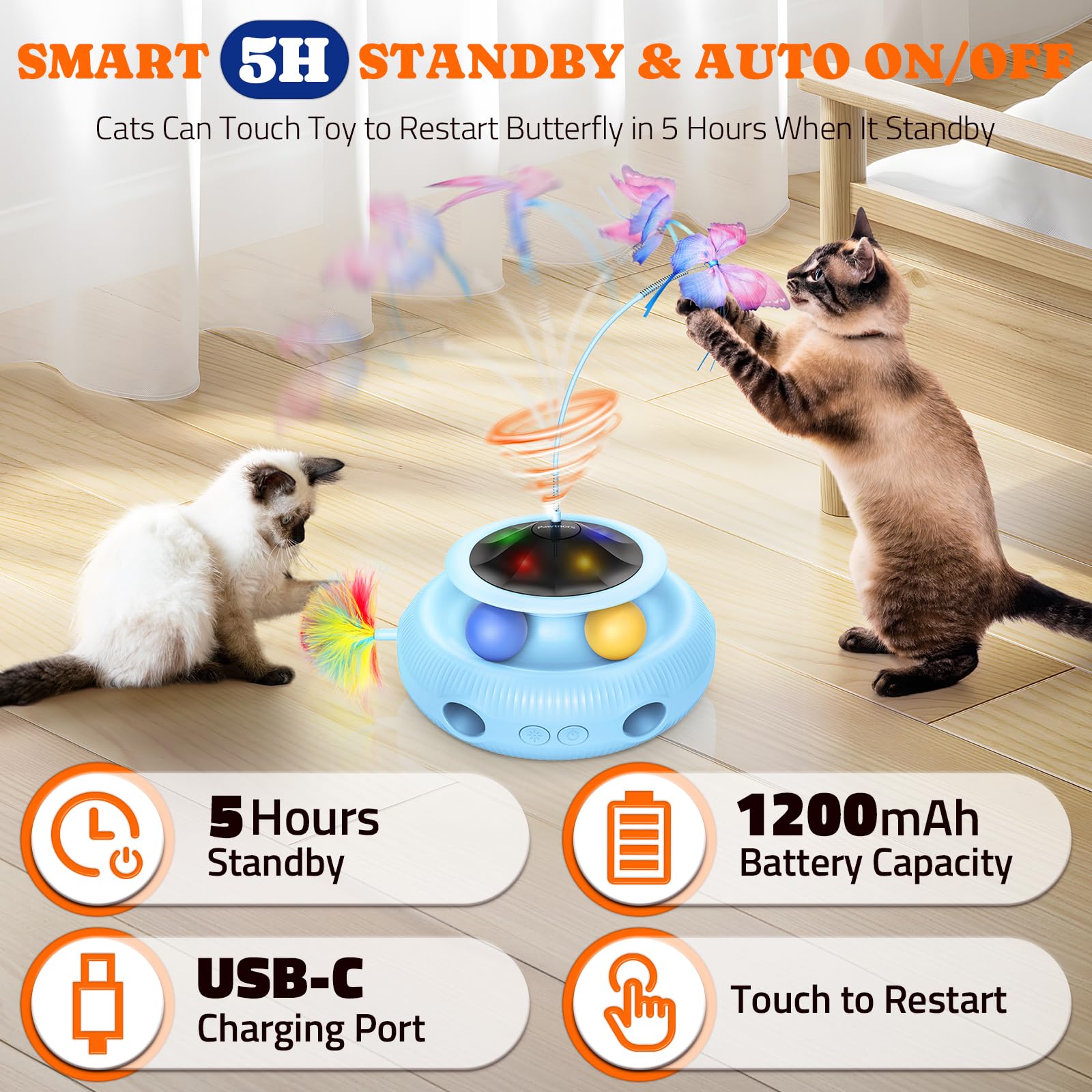Jouet interactif pour chat : jouet automatique 4 en 1 pour chat d'intérieur, jouet électrique avec batterie rechargeable, jouet pour chaton avec papillon flottant, balle de piste et paquet de plumes