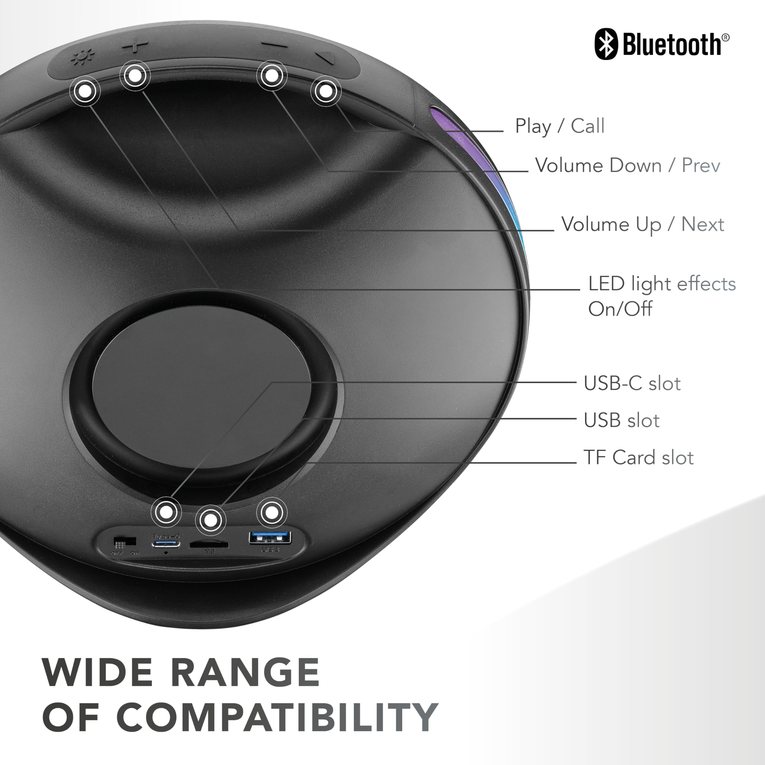 Music Sound Altavoz Bluetooth portátil Vora con 10 W de Potencia, Luces RGB sincronizadas al Ritmo de la música y hasta 6 Horas de autonomía, Negro