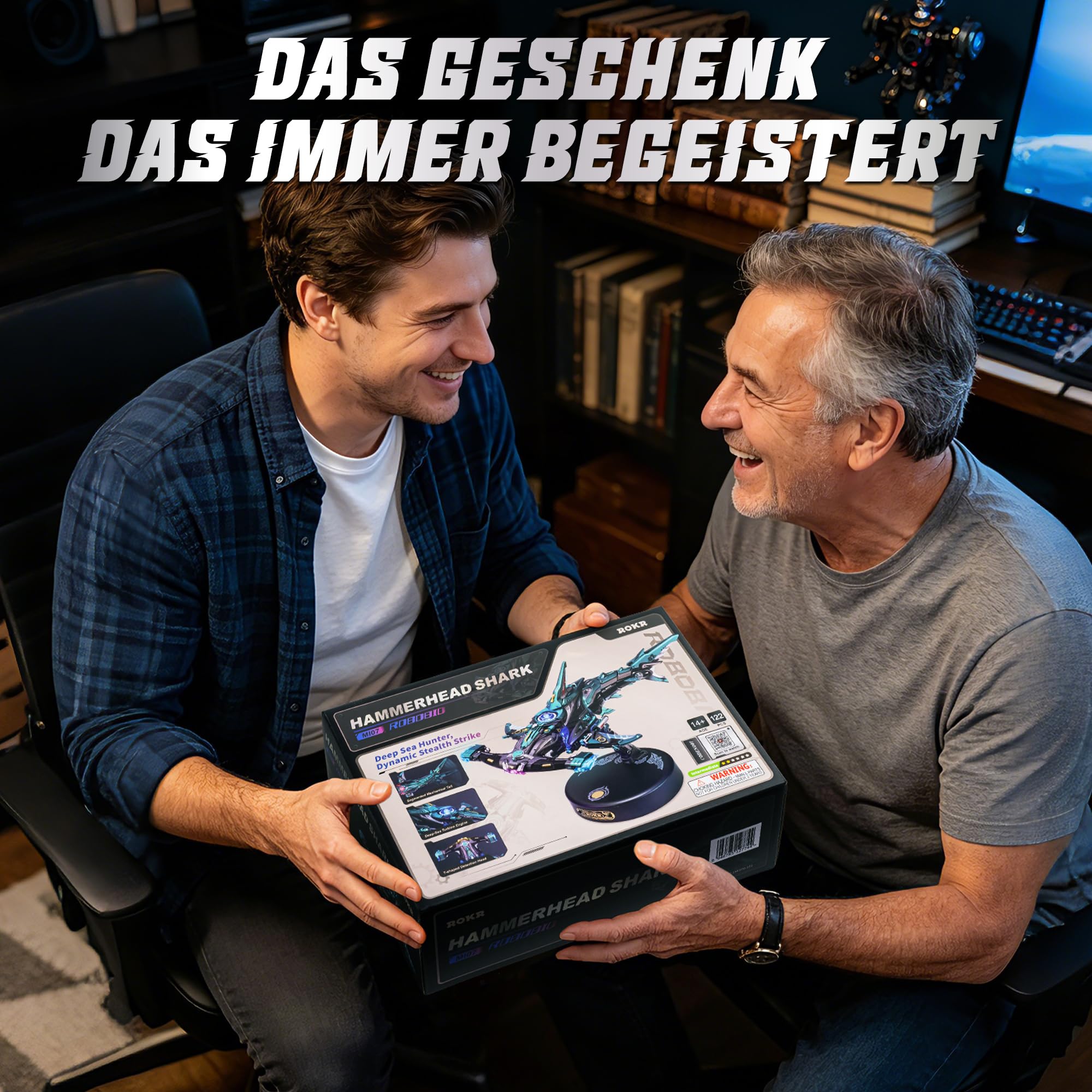 ROKR 3D Puzzle Hammerhai Mechanische Modellbau, Meerestiere 3D Puzzle Erwachsene Mit Bewegungs und LED Lichteffekt, Modellbausatz für Erwachsene (MI07)