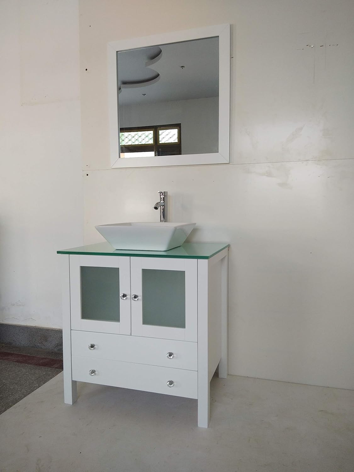 30" Wooden Modern Floor-Mounted Bathroom Vanity with Ceramic Vessel Sink (White)