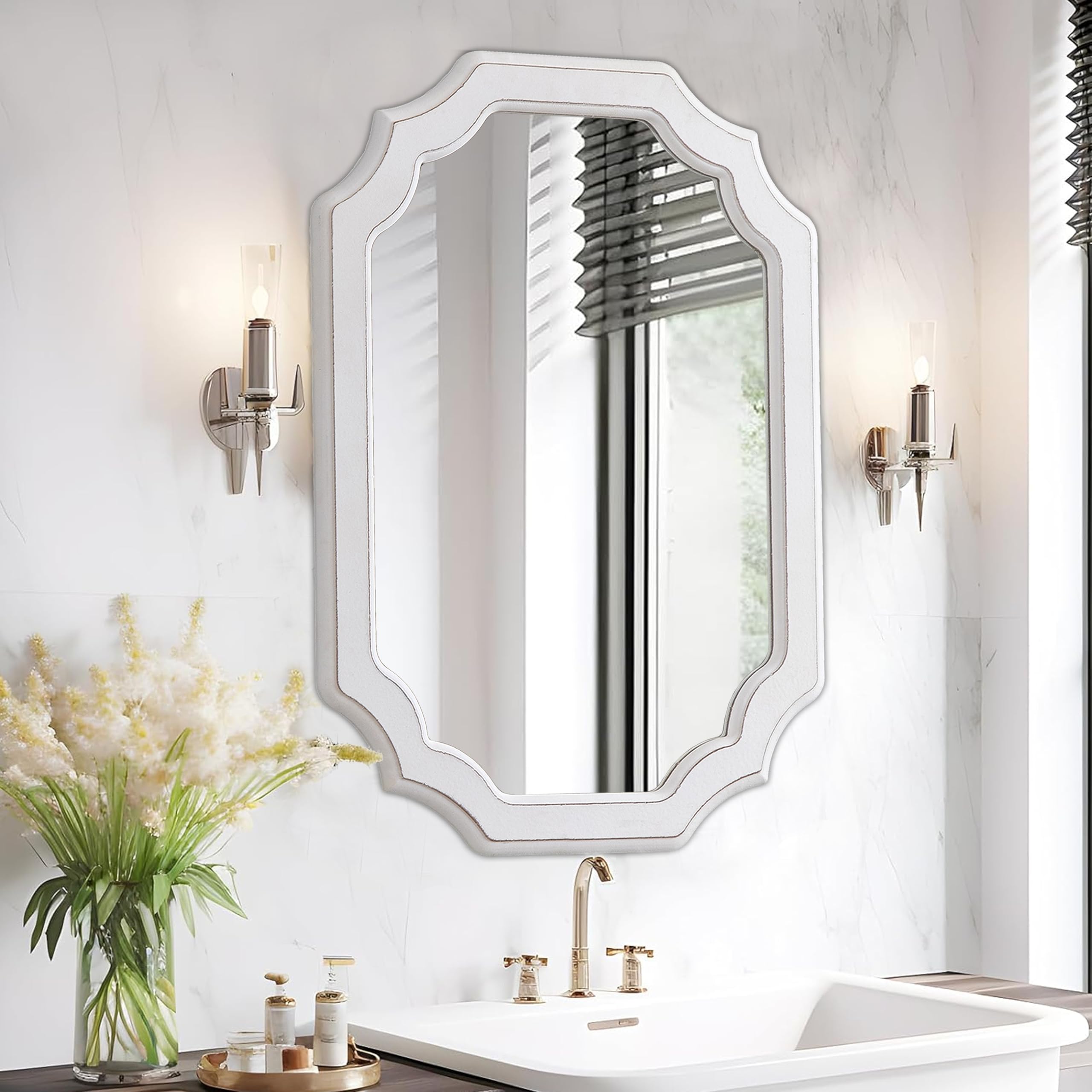 Espejos ovalados rústicos para decoración de pared de 17 x 23 pulgadas, espejo vintage blanco envejecido hecho a mano para baño, dormitorio, espejo de pared de madera decorativo de granja,