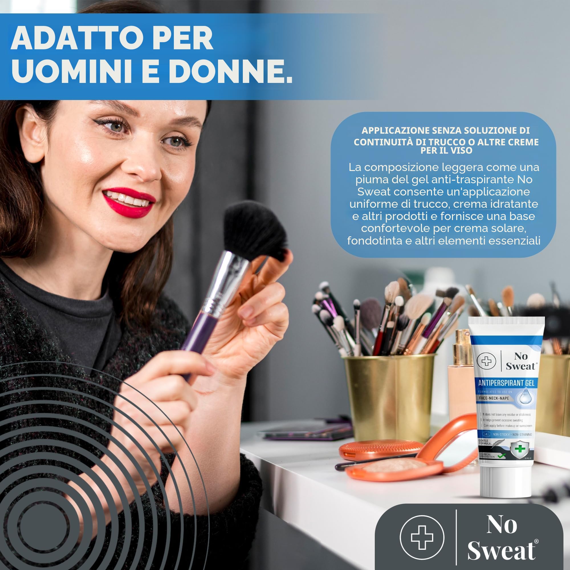 No Sweat Gel Antitraspirante 50 ml per Viso, Collo, Nuca - Previene Eccessiva Sudorazione e Lucentezza - Adatto per Lavoro Attivo e Palestra