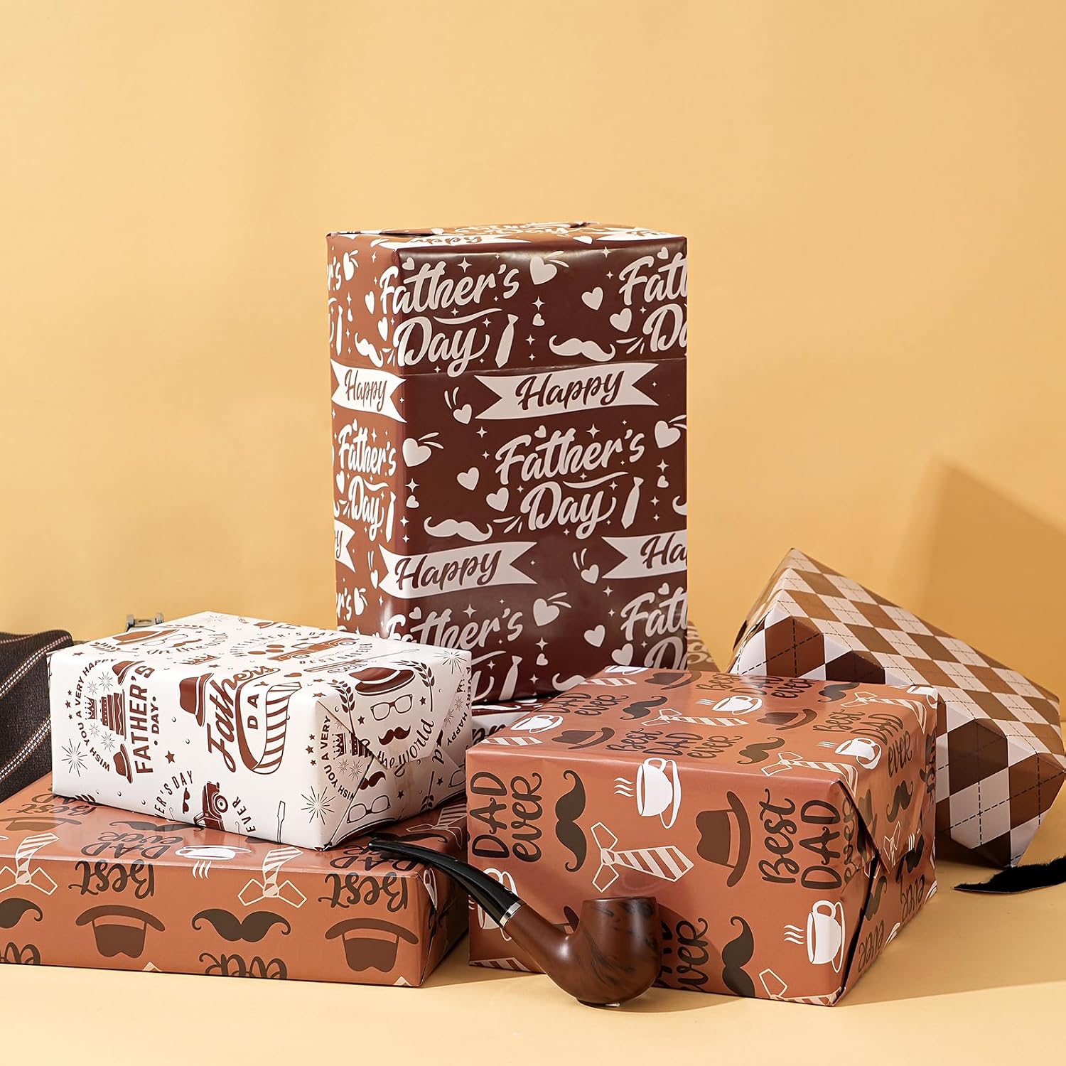 Ulmasinn Father's Day Wrapping Paper - Premium Brown Gift Wrap for Dad with Happy Father's Day & Best Dad Ever Prints - 20x29 Inches, 8 Sheets - Vintage Tie & Mustache Design - Ideal for Gifts