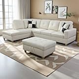 Sectional Couch 3 Pieces Modular Sofa with Ottoman Sectional Sofas with Left Chaise L-Shape Couches with Faux Leather Fabric Sleeper Sofa Sectional Couches for Living Room, Cream White