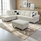 Sectional Couch 3 Pieces Modular Sofa with Ottoman Sectional Sofas with Left Chaise L-Shape Couches with Faux Leather Fabric Sleeper Sofa Sectional Couches for Living Room&comma; Cream White