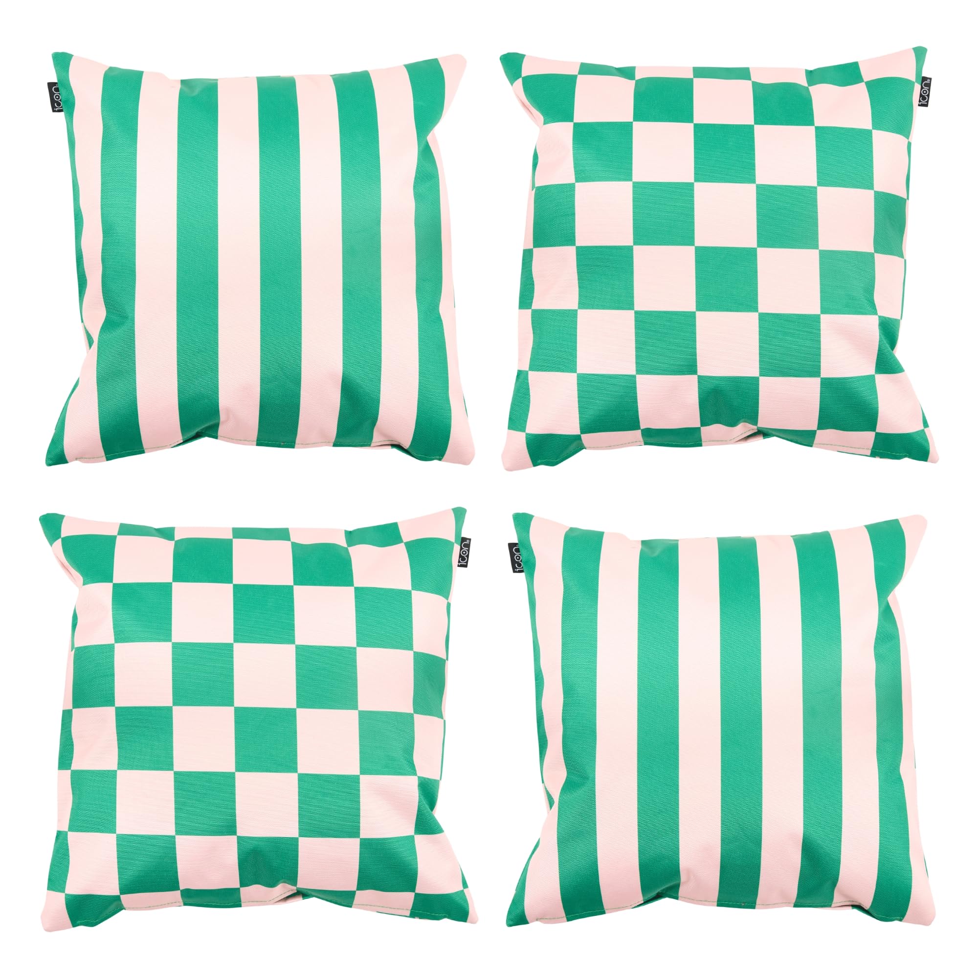 Bean Bag Bazaar Checkerboard Green Outdoor Cushions Filled, Stripe Collection, Reversible Print, Set Of 4, 43Cm X 43Cm, Water Resistant, Green Outdoor Cushions For Garden Furniture, Garden, Patio