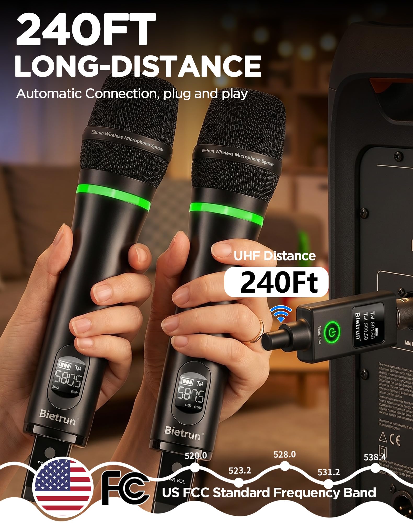 Bietrun XLR-Funkmikrofon, wiederaufladbares, kabelloses Dual-Metall-Handmikrofon für Mischpult, Audioschnittstelle, PA-Verstärkersystem, Kirche, Gesang, Karaoke (UHF 240 FT Reichweite) (mit 6,35-Adapt