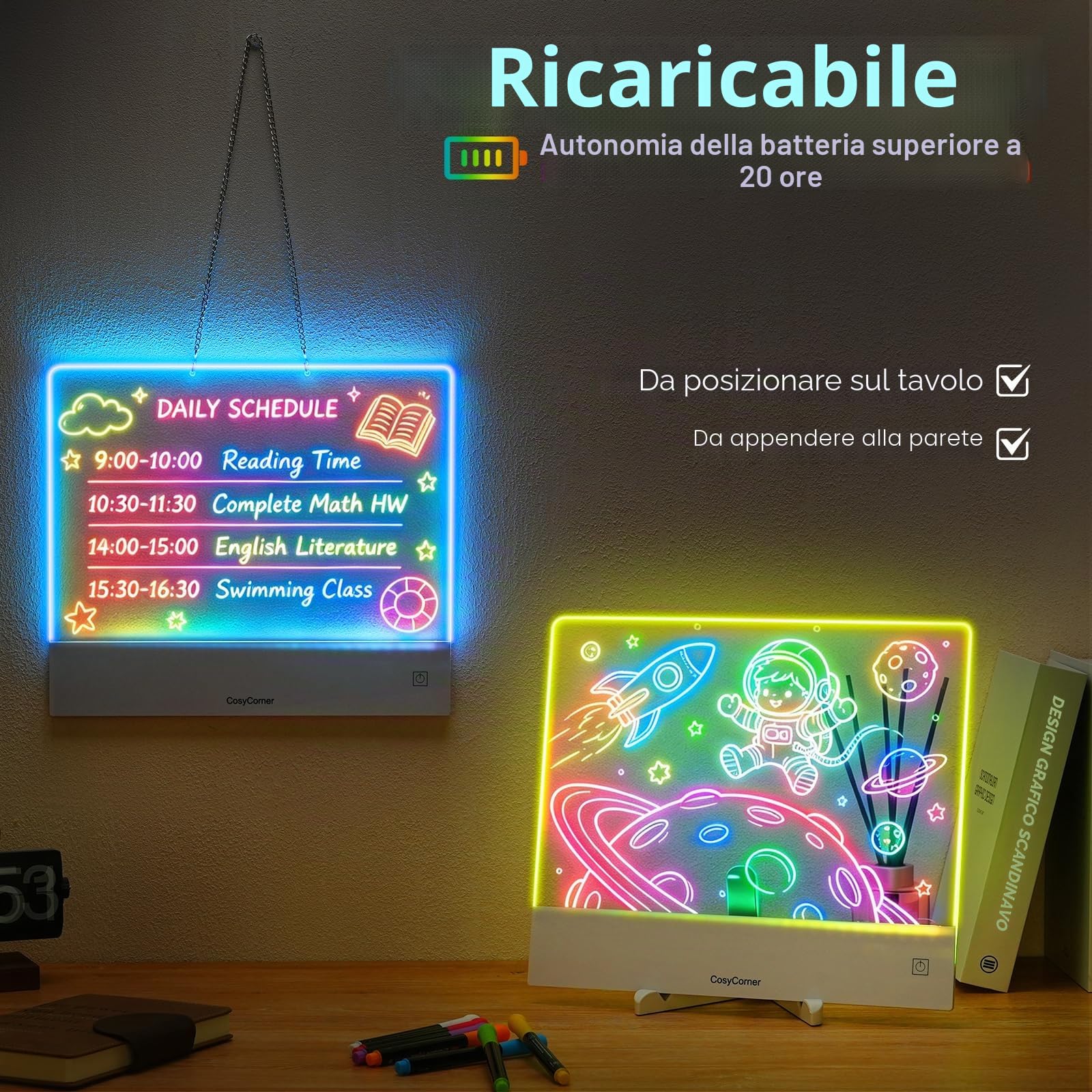 Lavagna da disegno a LED per bambini – Doodle Glow Note Board con colori | Lavagna ricaricabile in acrilico cancellabile a secco con luce e interruttore touch, batteria 5H, blocco di scrittura