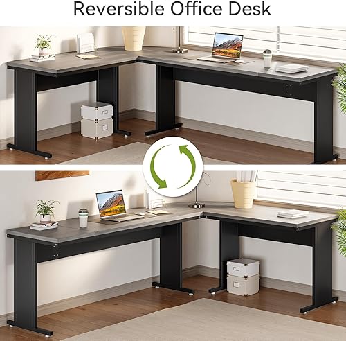 Miniatura 4 de LITTLE TREE Escritorio ejecutivo de 82.67 pulgadas de largo con cajones, escritorio de oficina grande en forma de L con archivador móvil, muebles de