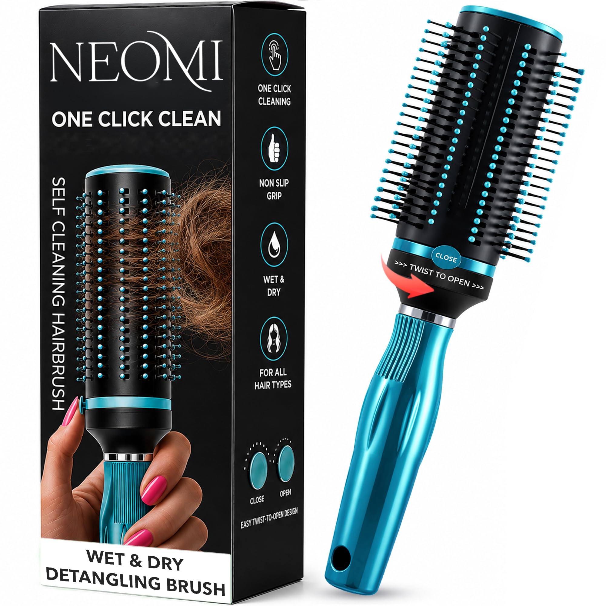 Shop LC - Peine de cepillo para el cabello con autolimpieza azul, cepillo desenredante redondo para soplar, cepillos de pelo con rodillo fáciles de limpiar para mujeres
