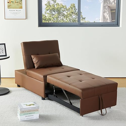 Silla convertible 4 en 1 de piel, sofá cama extraíble con respaldo ajustable, cama individual otomana pequeña para sala de estar en el hogar (marrón)