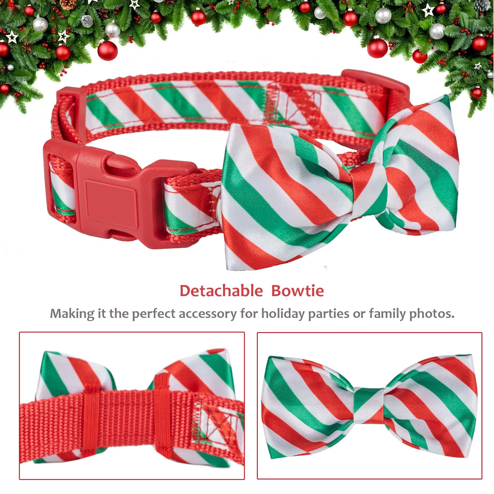 Petiry Christmas Dog Collar - Festive Striped Design with Detachable BowTie, Holiday Accessory for Small Dogs Neck 25-38cm,Stripe - Image 3