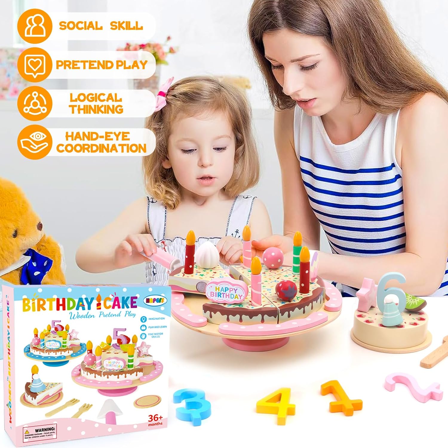 HAPGFS Wooden Birthday Cake Toy Set, Realistic Birthday Cake with Candles and Fruits, Montessori Pretend Play Wooden Toys, Educational Play Food for Birthday Parties and First Birthday Gifts Pink