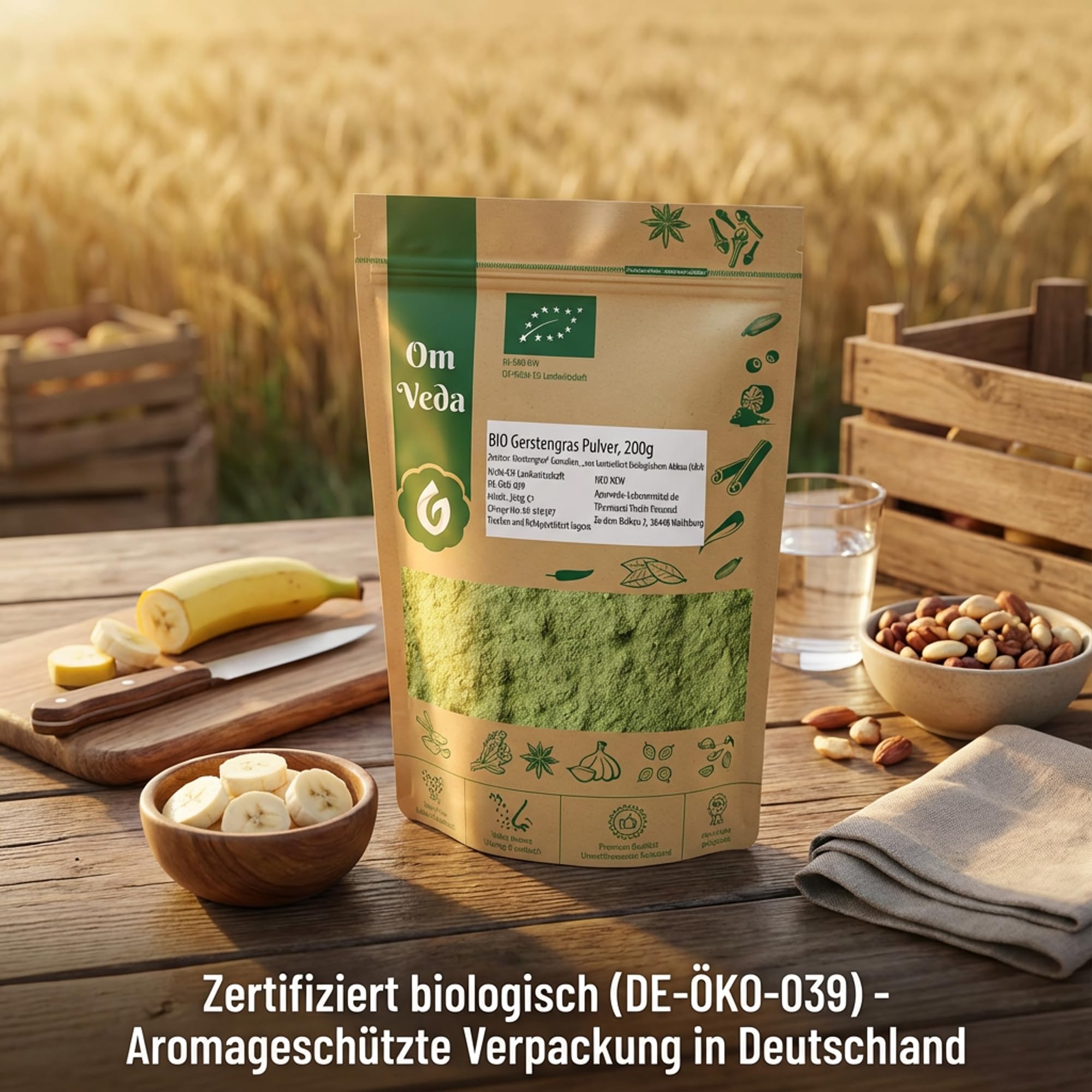 BIO Gerstengras Pulver | Rohkostqualität | 100% reines Gerstengraspulver | vegan, glutenfrei, laktosefrei | OmVeda (1000g)
