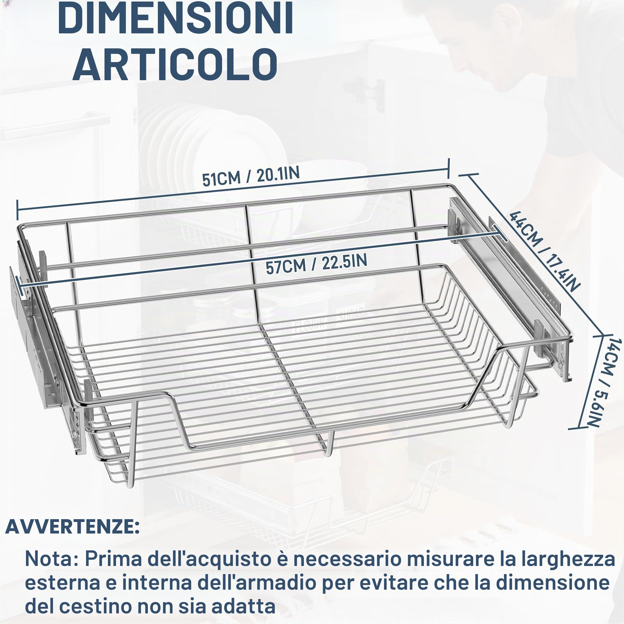 NAIZY 2x Cestello Estraibile 60 cm Cassetto Estraibile Cucina Organizer da cucina Argento in solido acciaio inossidabile Organizer cassetti (larghezza effettiva 57 cm, 2 pezzi)