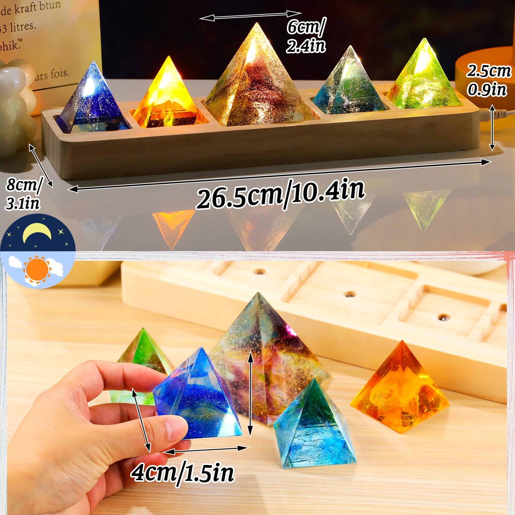 Arikyrist 5 Chakra Healing Crystal Quartz Pyramid with LED Wooden Base Meditation Positive Energy Sleep Aid & Spiritual Night Light Home Decor - Image 2