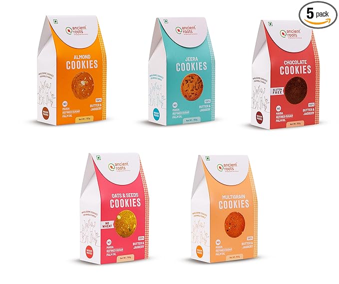 Ancient Roots Combo of Cookies Almond, Chocolate, Oats & Seeds, Jeera and Multigrain Cookies  750G (150g x Pack 5) Delicious Biscuits (16-18 Pcs) / For Healthy Snacks / Best Paired with Tea & Coffee /No Maida / No Sugar / No Palm Oil / 100% Butter & Jaggery Cookies