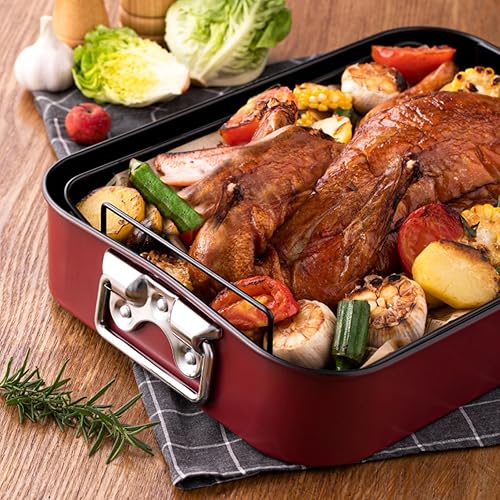 Miniatura 3 de Sartén para asar pavos con estante, sartén grande de 16 x 13 pulgadas antiadherente para asar pavos, sartén rectangular para fiesta de Acción de