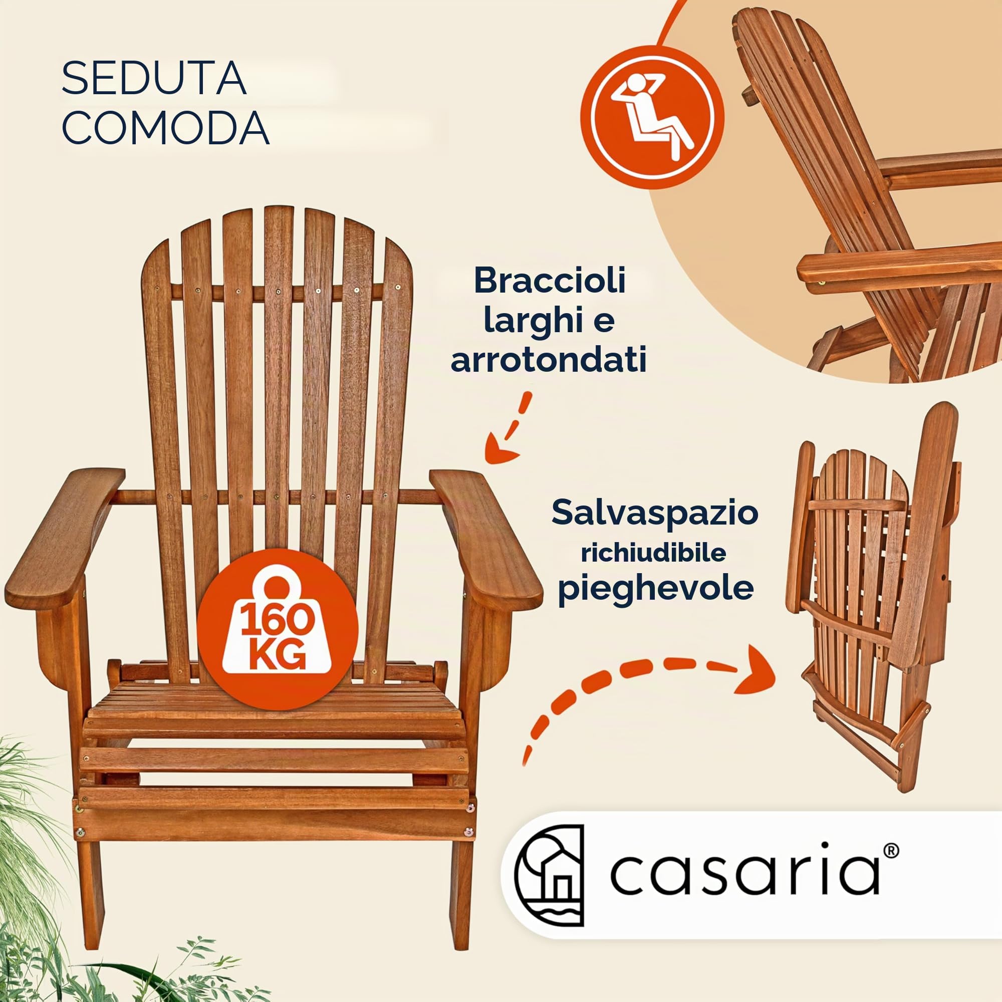 CASARIA 2x Sedia Prendisole Relax Set Pieghevole Adirondack da Giardino Sdraio Mare Legno di Acacia