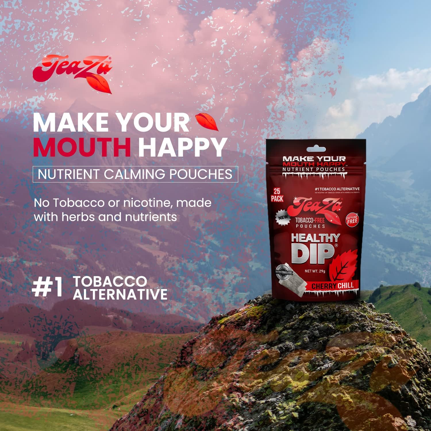 Teaza Herbal Energy Pouches, Tobacco Alternative Nicotine Free, Smokeless Alternative Snuff and Healthy Dip, Tobacco Free Chew Premium Flavored | Cherry Chill | 25 Pouch Pack : Health & Household