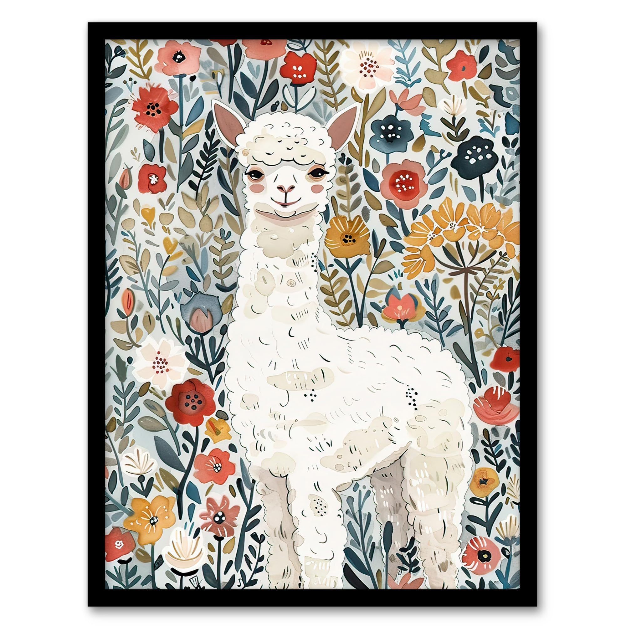 Artery8 Happy Alpaca in Wildflower Field Watercolour Living Room Artwork Framed Wall Art Print A4