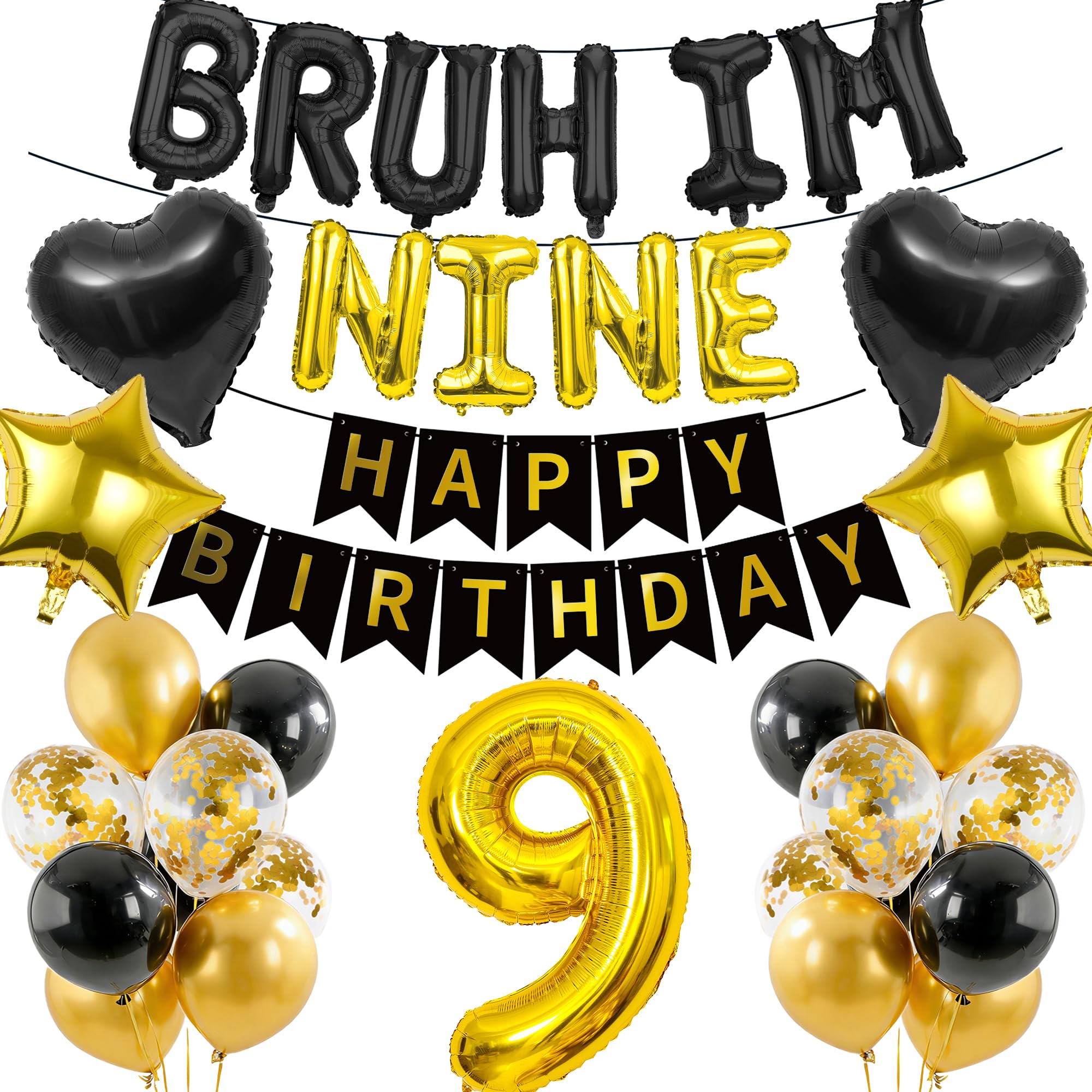 9th Birthday Decorations Banners Boy - 34 Pcs Black Gold Happy Birthday Banner BRUH I'M NINE Star Heart Number 9 Foil Balloons Decoration Sequin Balloons for 9 Years Old Boys Party Decor Supplies