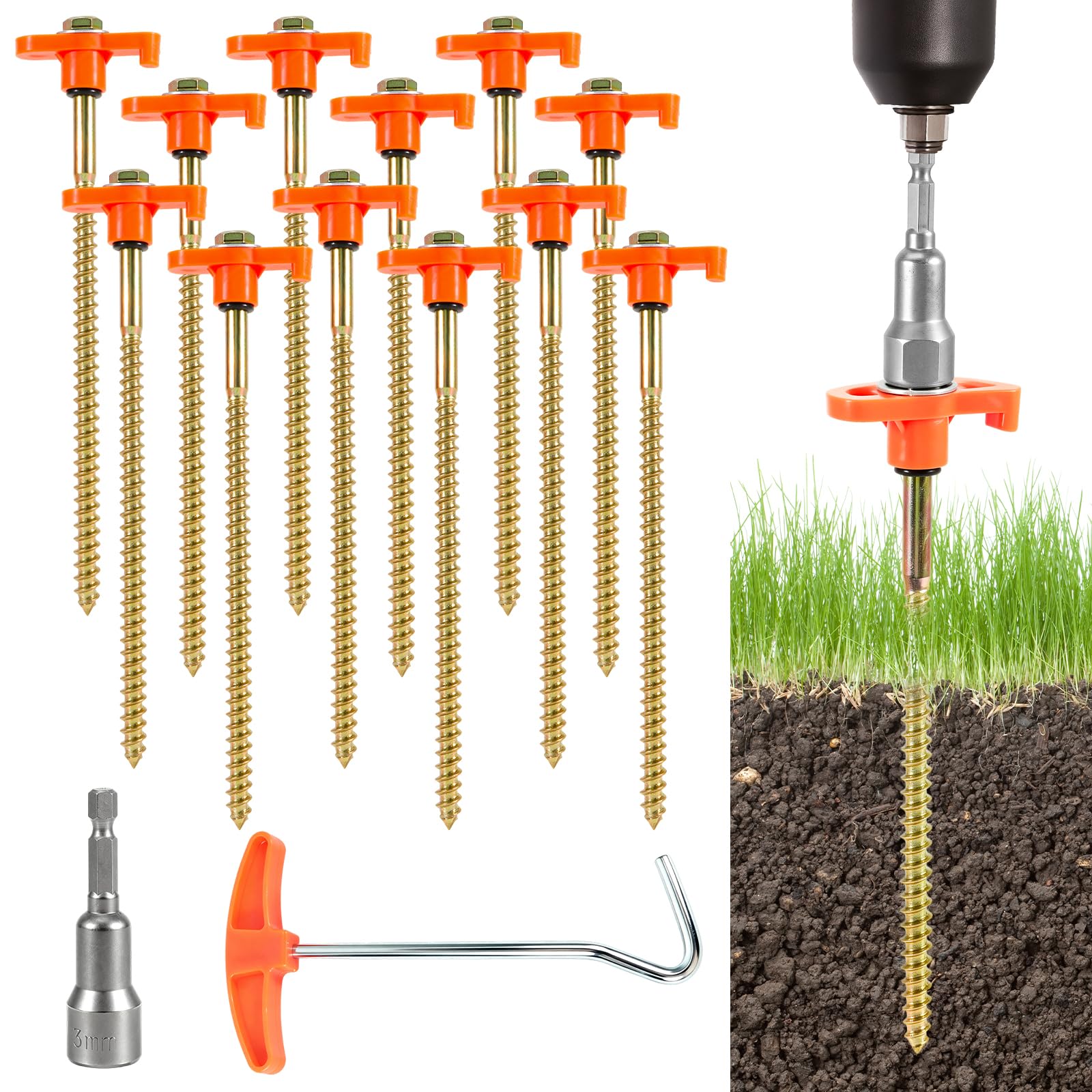 12 pcs Heavy Duty Metal Tent Pegs, Camping Tent Pegs with Nail Puller and Drill Adapter, Tent Ground Anchors, Rotating Rock Pegs for Camping, Hard Stony Ground and Gravel Pitches