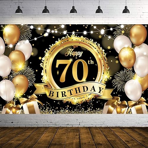 Cartel de fondo para decoración de cumpleaños número 70, color negro y dorado, extra grande, cartel de cumpleaños, fondo de fotografía, suministros