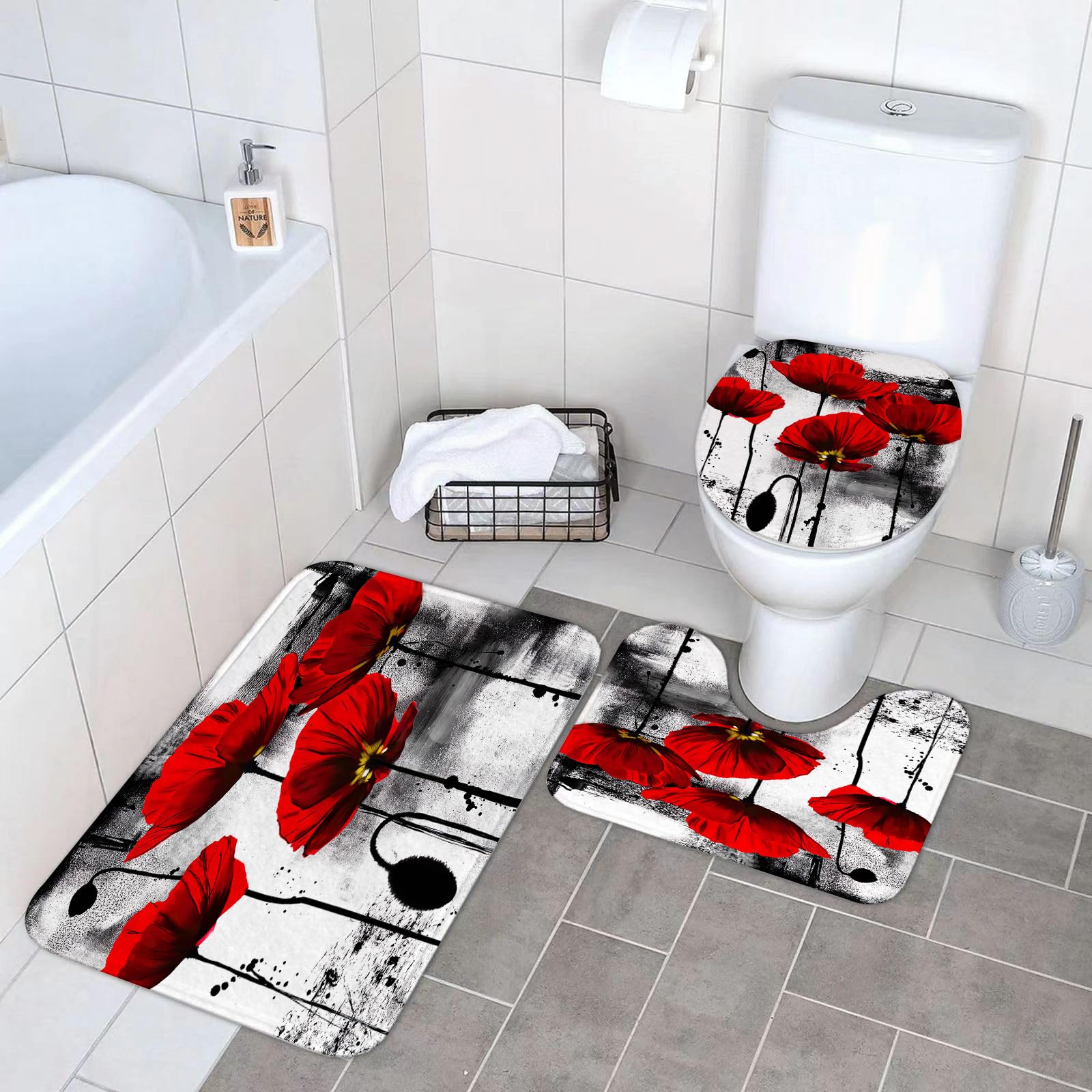 Set di 3 tappetini da Bagno, Lavabili in Lavatrice e Antiscivolo, in Morbida Fibra Superfine, con Motivo a Papaveri acquerellati.
