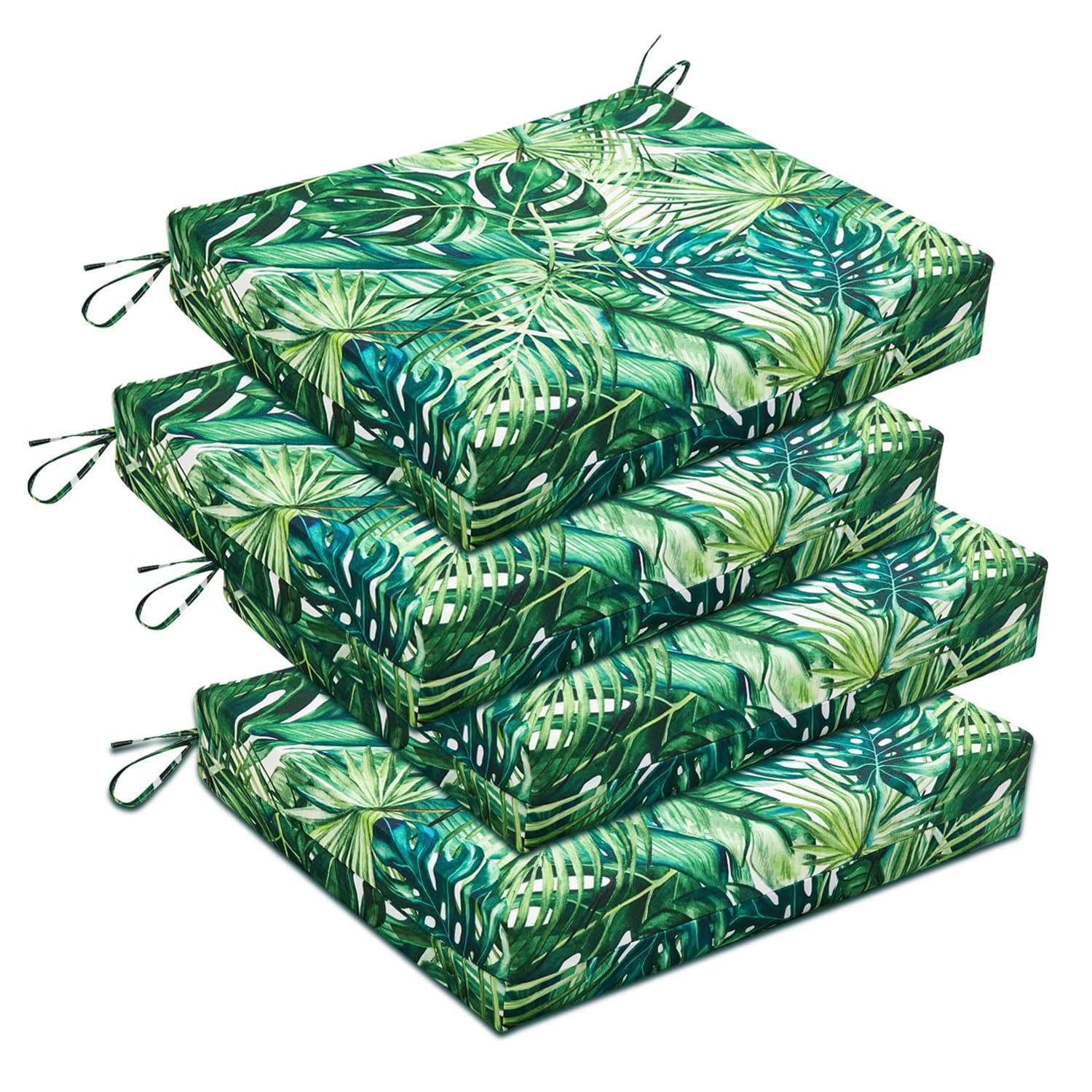 downluxe Outdoor Chair Cushions Set of 4 for Patio Furniture, Water-Resistant Square Corner Patio Chair Cushions with Ties, High Density Foam Outdoor Seat Cushion, 18.5" X 16" X 3", Palm Leaves