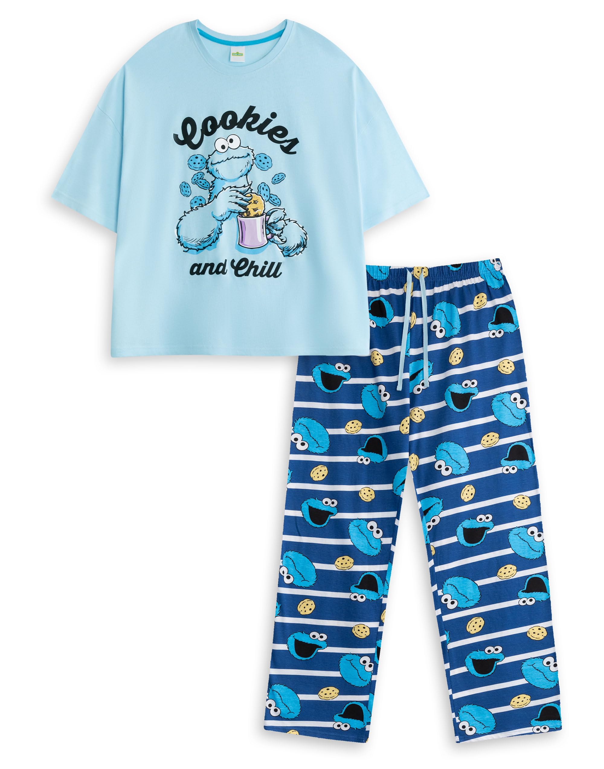 Vanilla Underground Women's Blue Sesame Street Cookie Monster Short Sleeve Long Leg Pyjama Set - X-Small