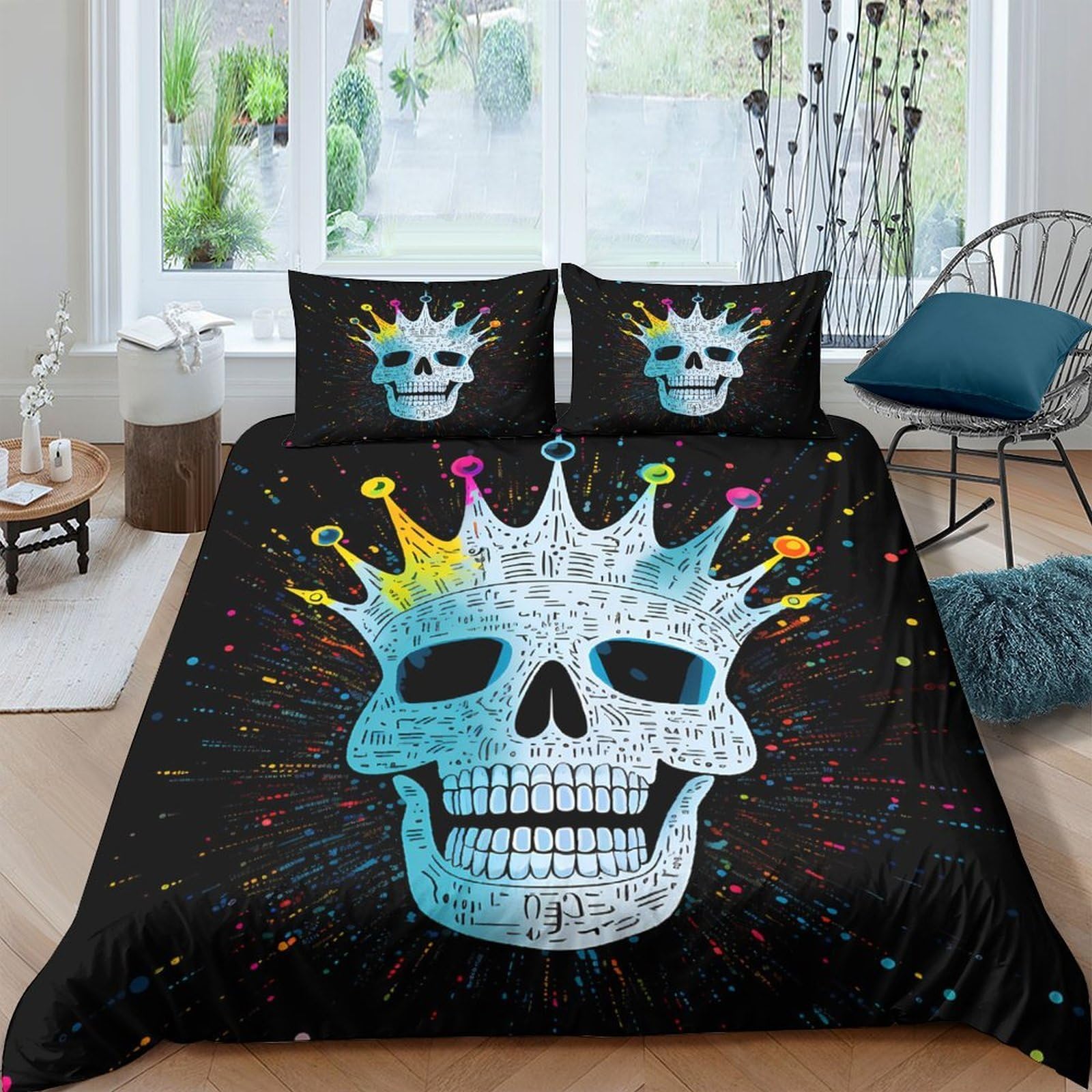 Ctjqhvkz Style-10 3D Printed Skull Crown Fitted Sheet Microfiber Soft Black Graffiti Bed Cover For Bedroom Dorm Mattress Protection Decor Single（135X200cm）