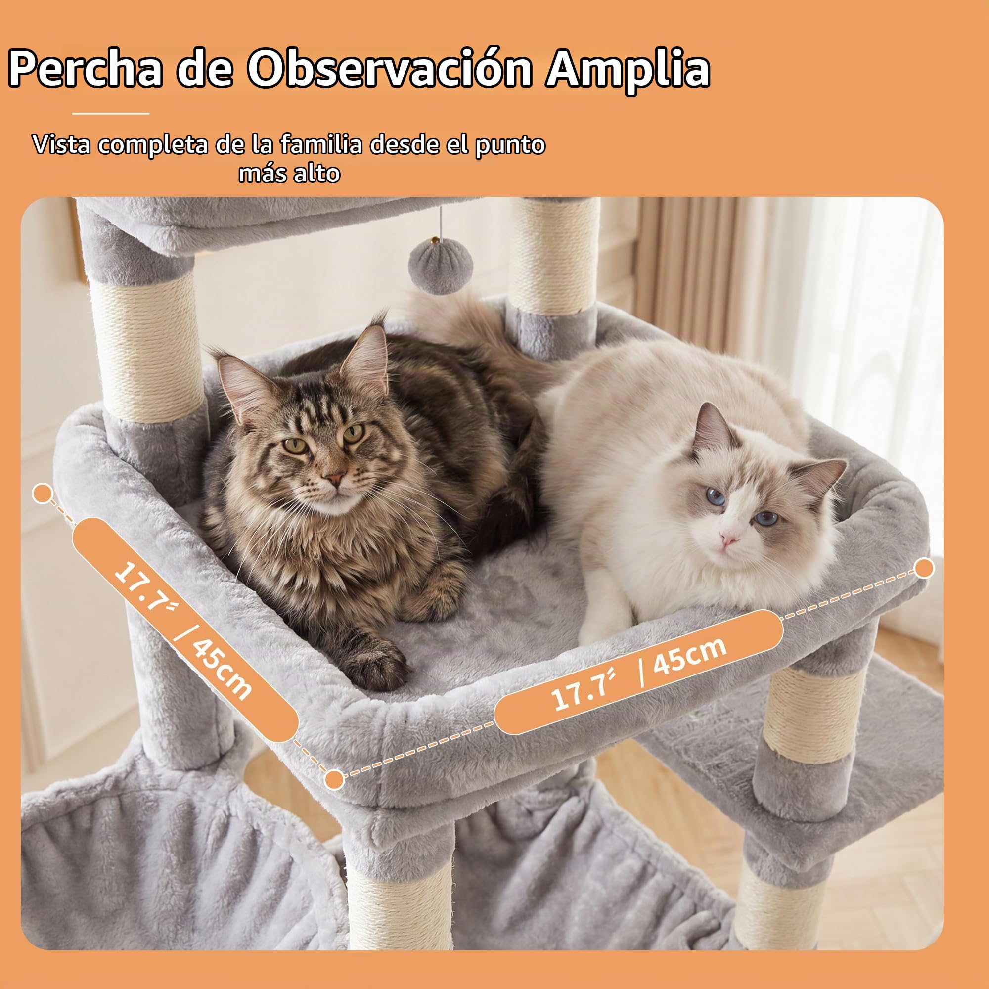 Heybly Rascador para Gatos XXL 266–296 cm, Rascador Deckenhoch con Plataforma Superior y Base Ancha, 2 Casitas para Gatos, Hamacas, Cestas, 15 Postes de Sisal, Sistema Antivuelco, Gris Claro HCT092W