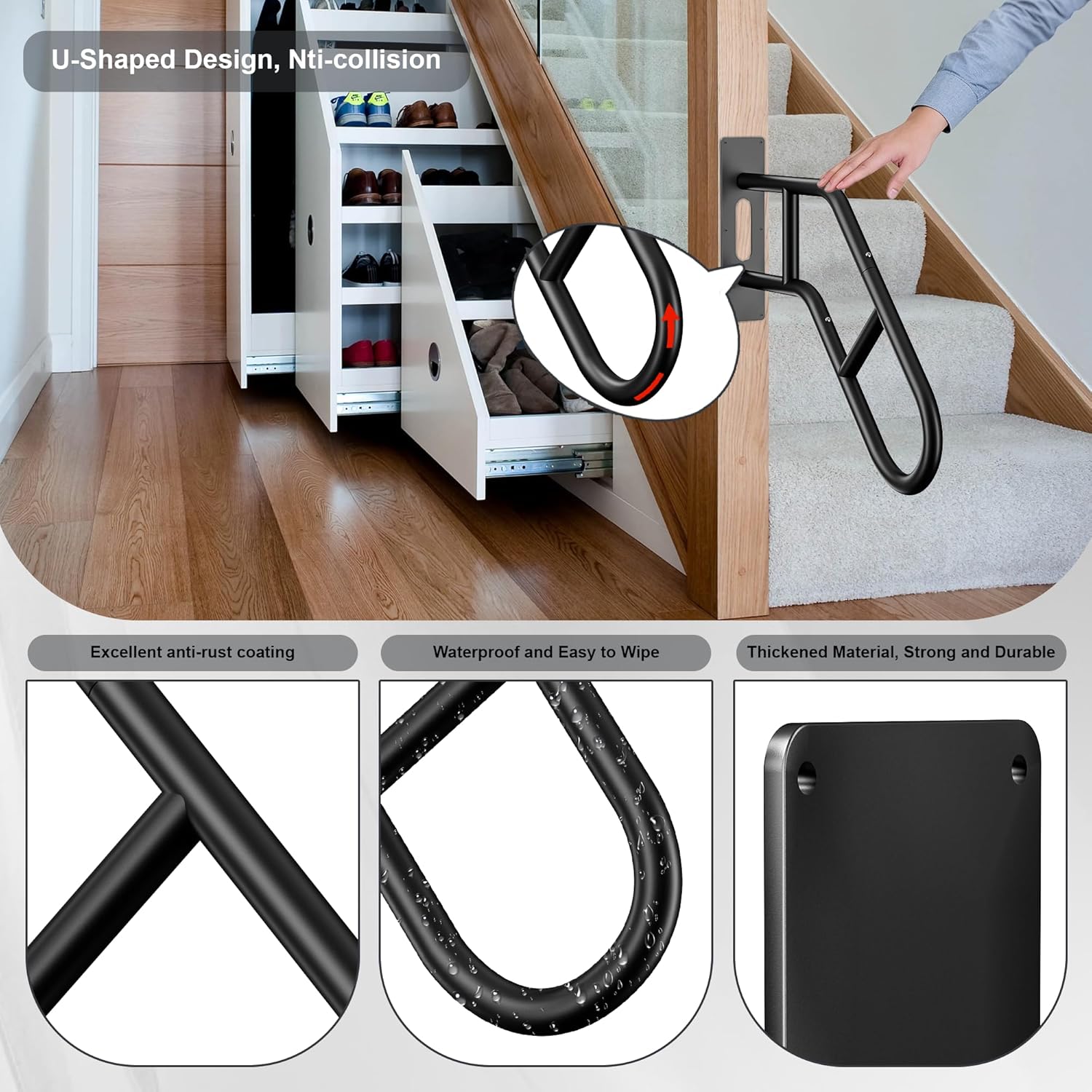 upgraded hand rails for outdoor steps, stair railing indoor & outdoor, hand rail wall mount stair hand, u-shaped stair handrails for 1-3 steps, handrail for kids, elderly, pregnant women and disabled