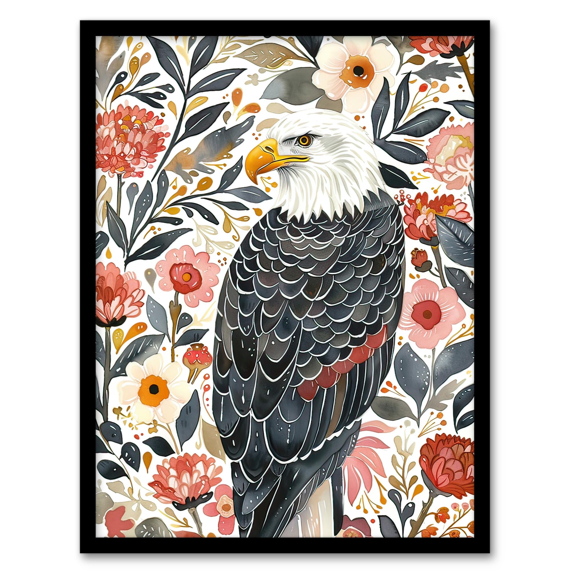 Artery8 American Bald Eagle Floral Watercolour Portrait Wall Art PrintA4 Size from B&Q