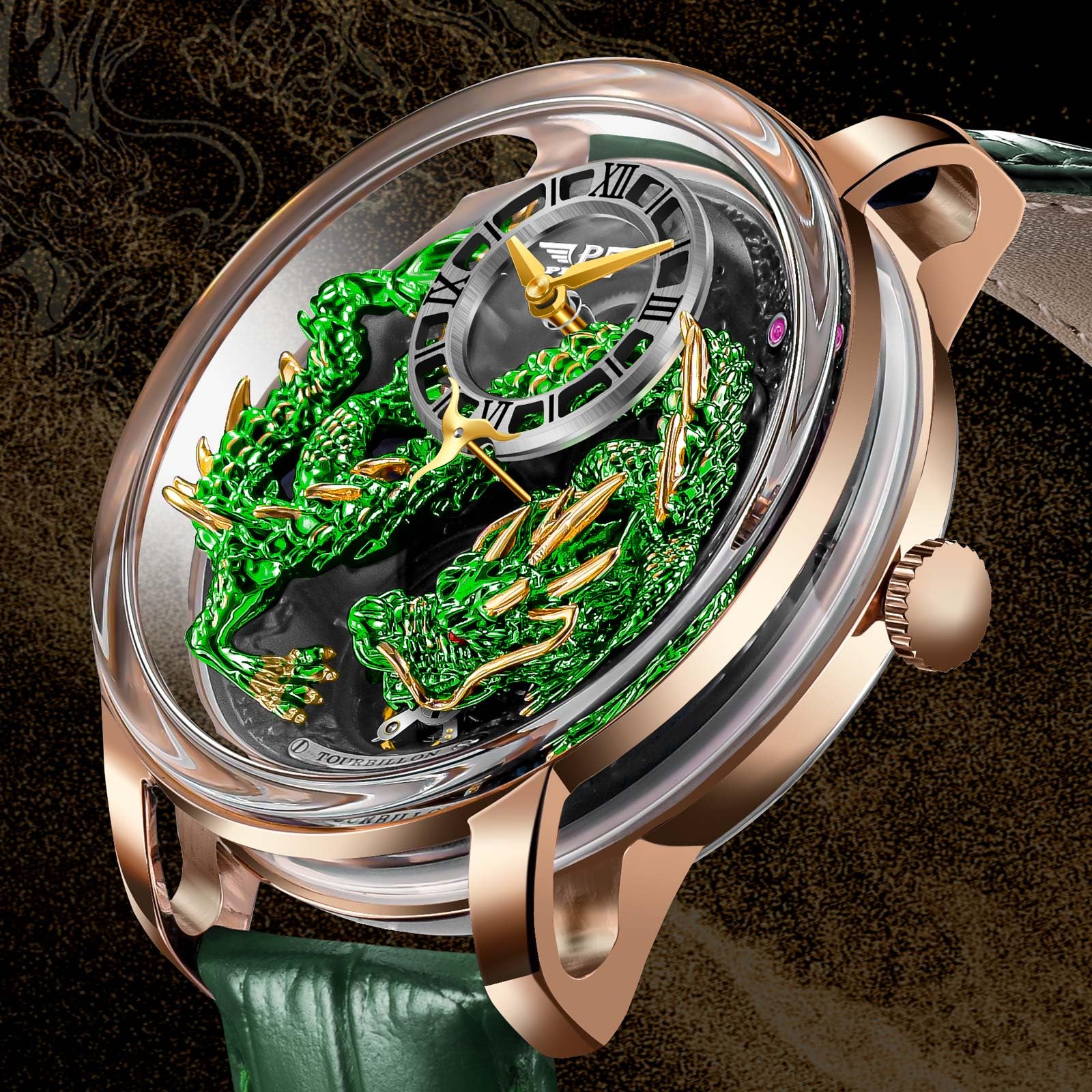 Automatik Uhr Herren - 3D Drache Design Herrenuhr Automatik mit Lederarmband, 45.5mm Edelstahlgehäuse, Luxuriöse Uhr Herren für Alltag & Festlichkeiten