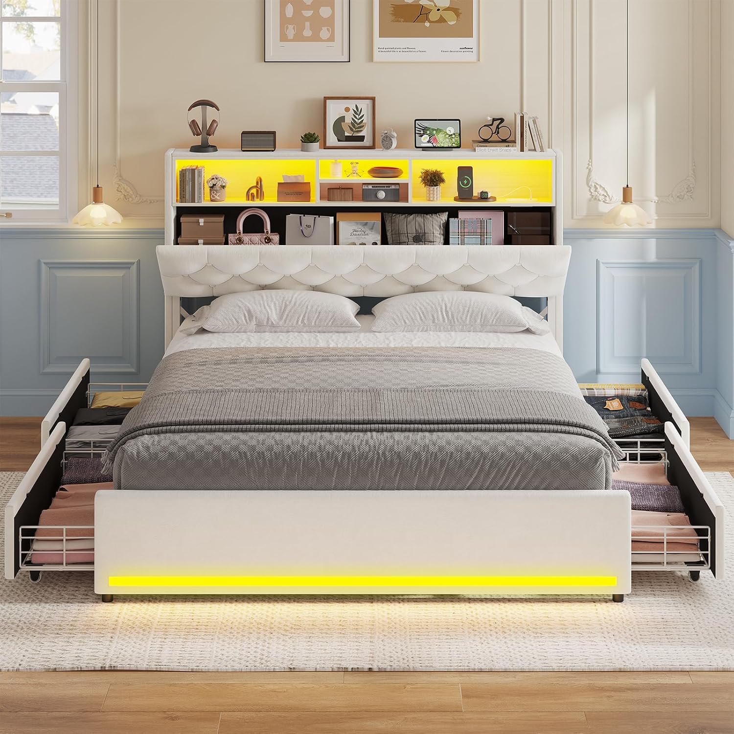HAUOMS Queen Bed Frame with Bookcase Headboard,LED Bed Frame with 4 Storage Drawers,Power Outlet, Modern Velvet Upholstered Platform Bed with 5 Shelf, No Box Spring Needed, Creamy White