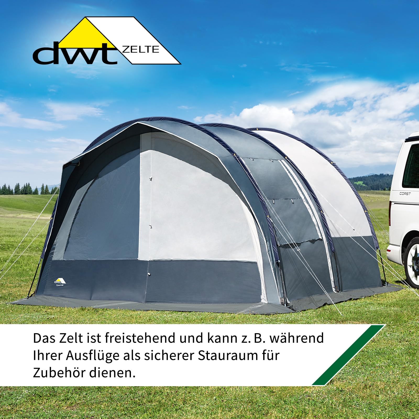 DWT Buszelt Fjord 30, 340 x 240 cm, freistehendes Mobilzelt, ideal für Minivans inkl. Abspannmaterial, Schleusenstab und Tragetasche