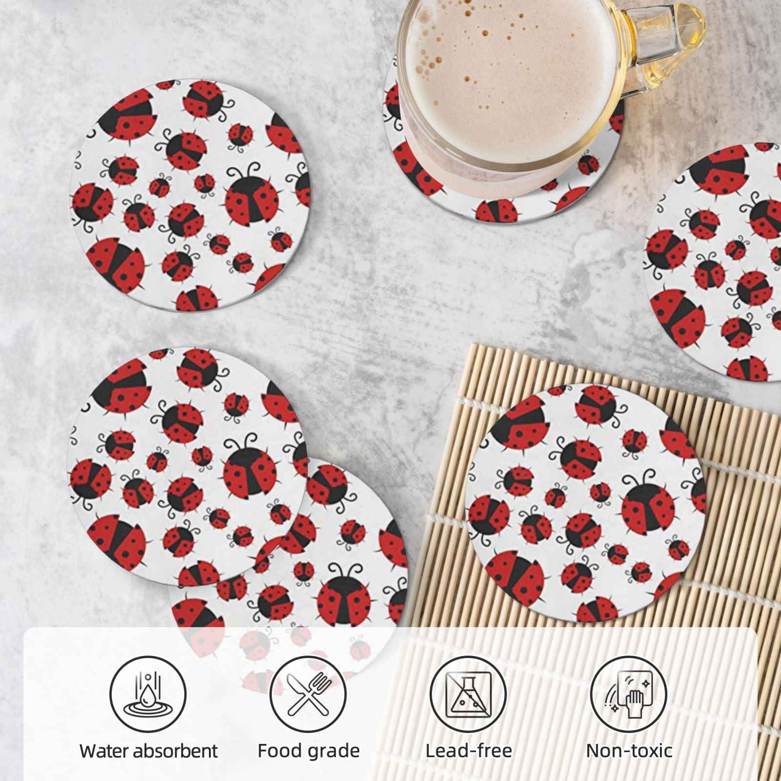 Divertente coccinella stampato sottobicchiere in ceramica Set di 6 sottobicchieri decorativi Drink coaster