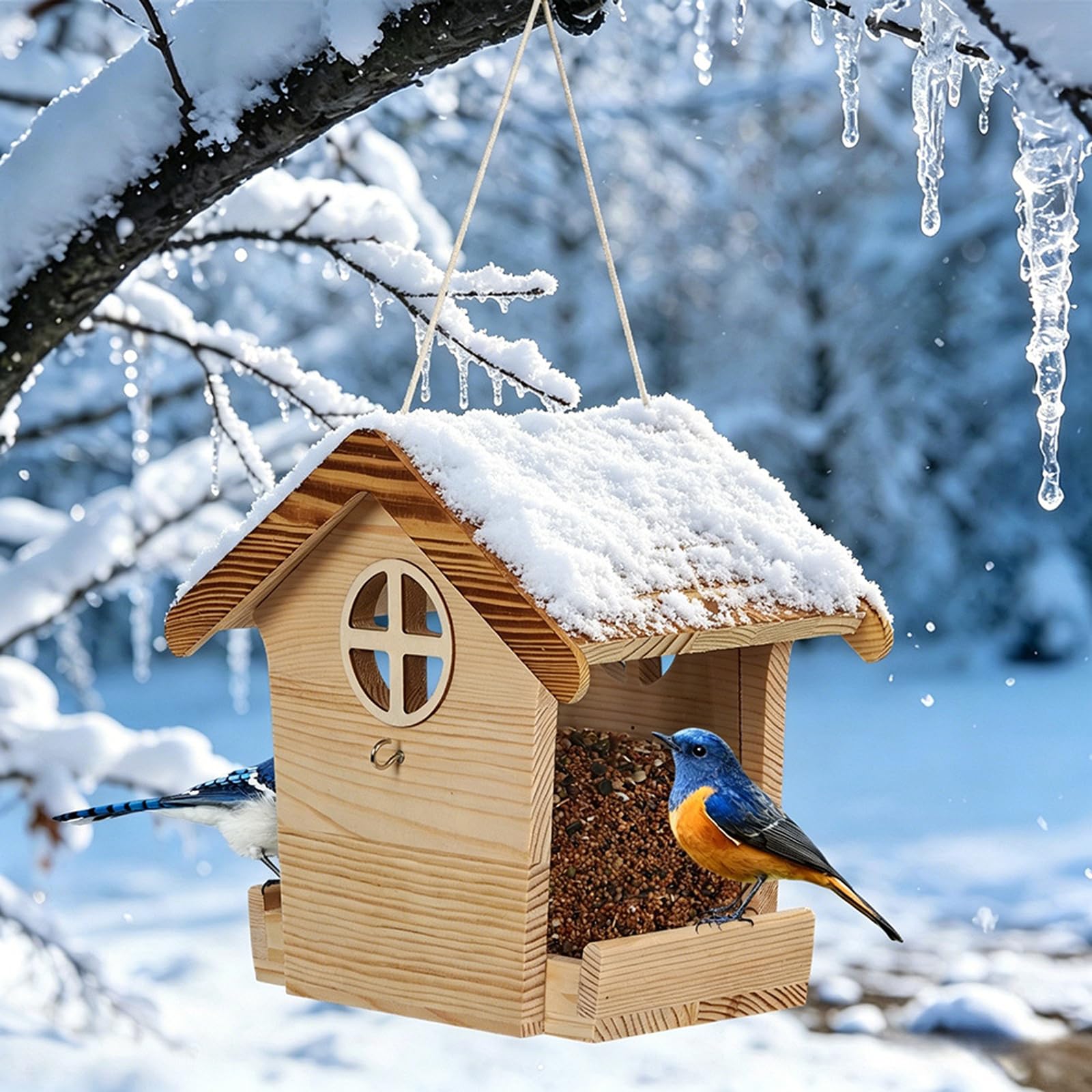 Decorazione per mangiatoia per uccelli da patio, casetta per mangiatoia per uccelli da esterno in legno con vassoio accesso aperto, finitura in legno naturale e ramo un albero o display da