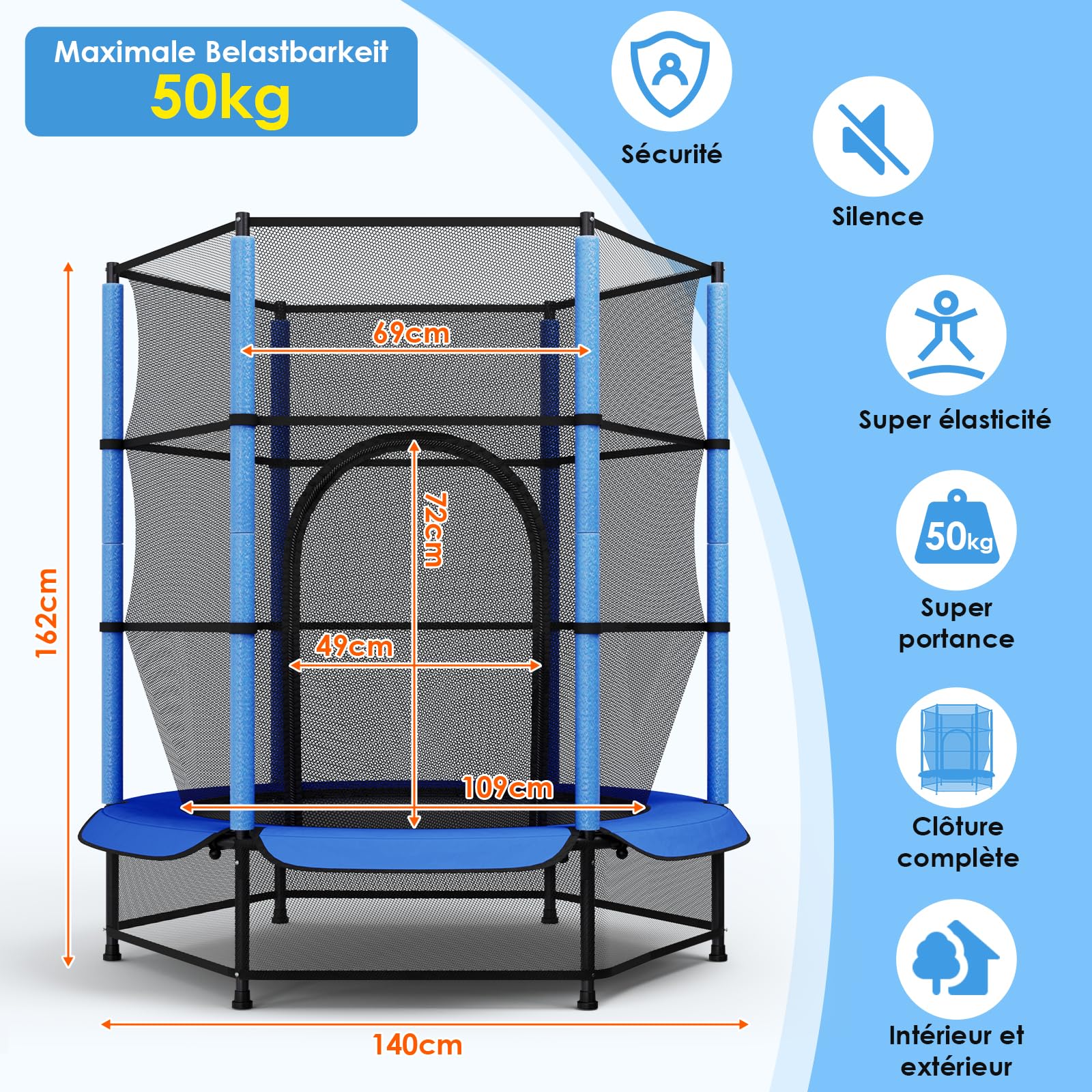 LIFERUN Trampolín para niños, para Exteriores, diámetro de 140 cm, para Interiores y niños, con Red de Seguridad, para Entrenamiento y Entretenimiento, hasta 50 kg, Juguete para niños