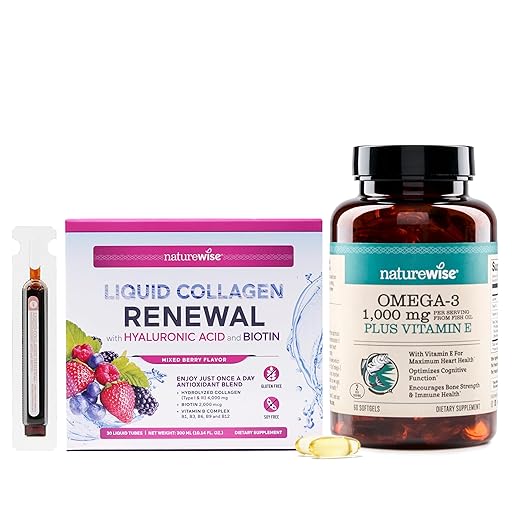 NatureWise [1] Hydrolyzed Liquid Collagen + Biotin + Vitamins - 30 Tubes[30 Day Supply] + [1] Omega 3 Fish Oil 1000mg + Vitamin E - Wild-Caught - 60 Softgels[30-Day Supply]