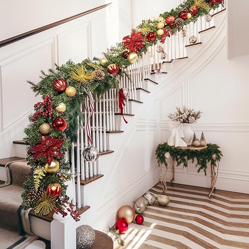 Miniatura 8 de WBHome Guirnalda de Navidad preiluminada de 6 pies72 pulgadas, guirnalda iluminada roja y dorada con 35 luces LED para decoración de Navidad en